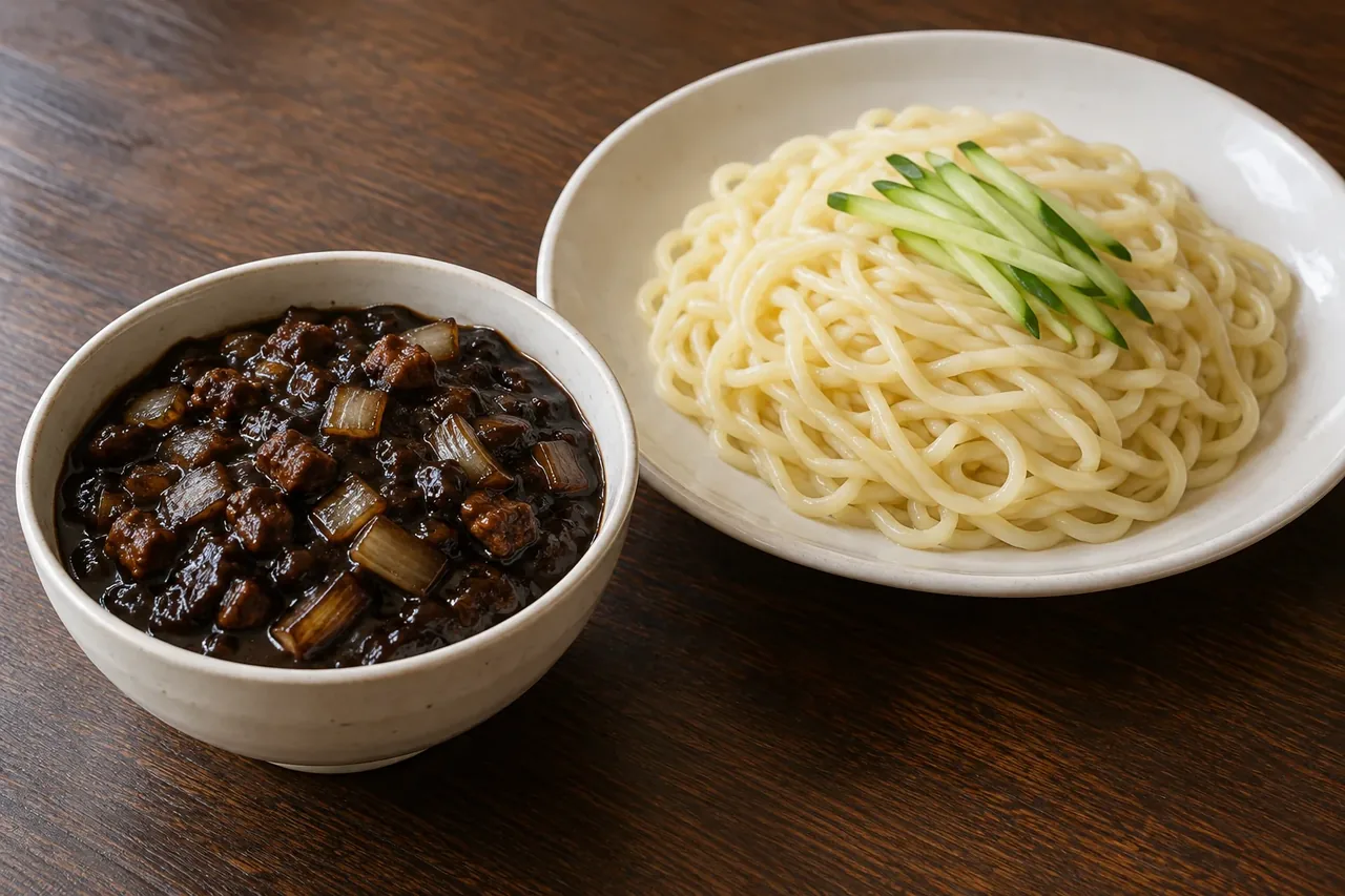 아리산 방송 메뉴의 면과 별도 춘장 소스 구성을 바탕으로 새롭게 만든 간짜장 재현 이미지