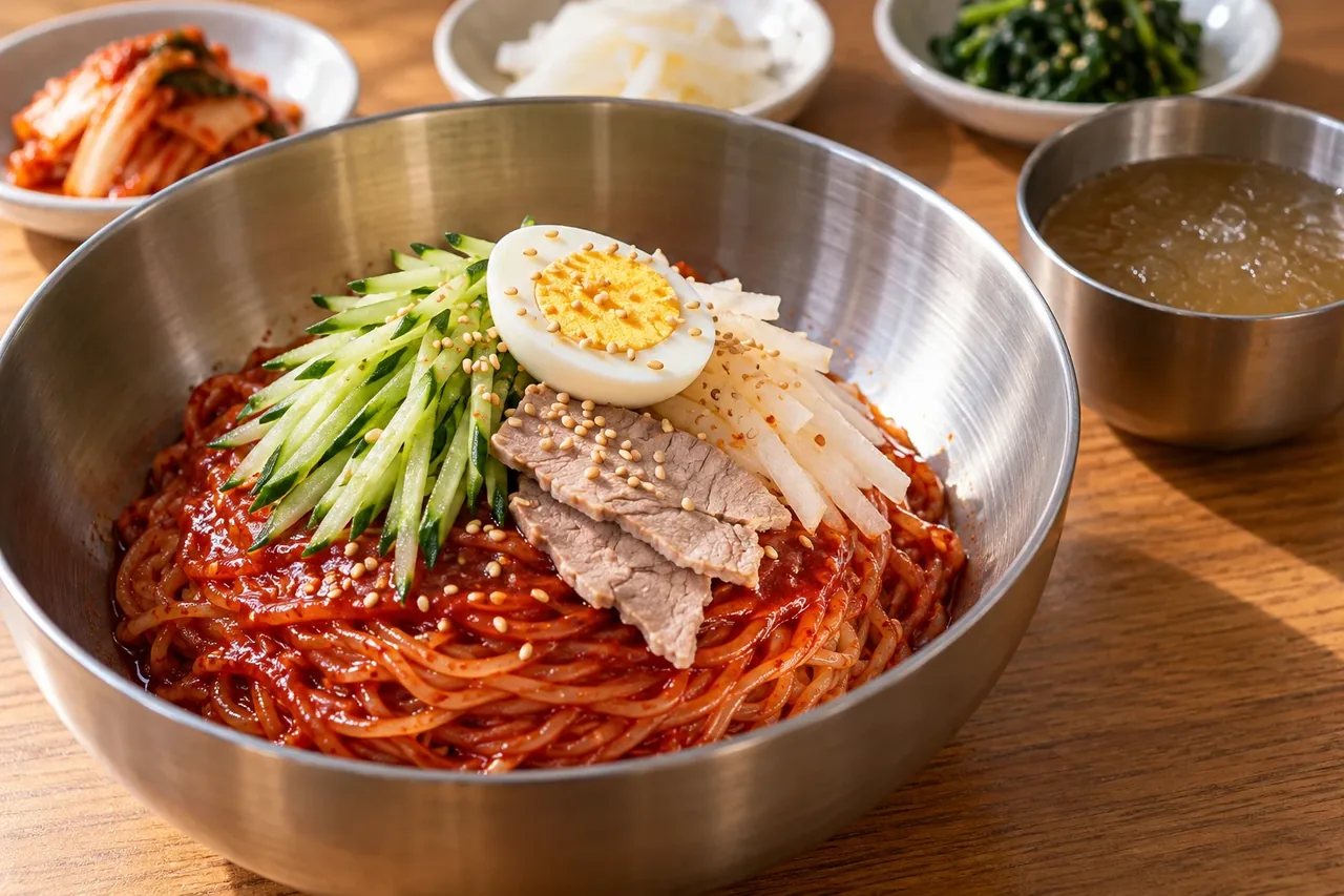 달임재 공개 메뉴와 방송의 고명 손질 특징을 바탕으로 새롭게 만든 비빔밀면 재현 이미지