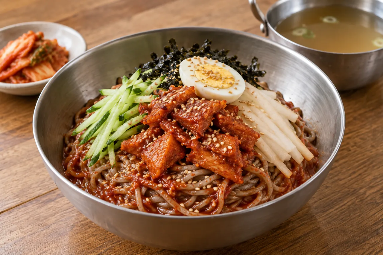 붉은 양념에 비빈 메밀면 위에 가자미식해와 오이, 배, 달걀, 김가루를 올린 회비빔막국수 재현 이미지