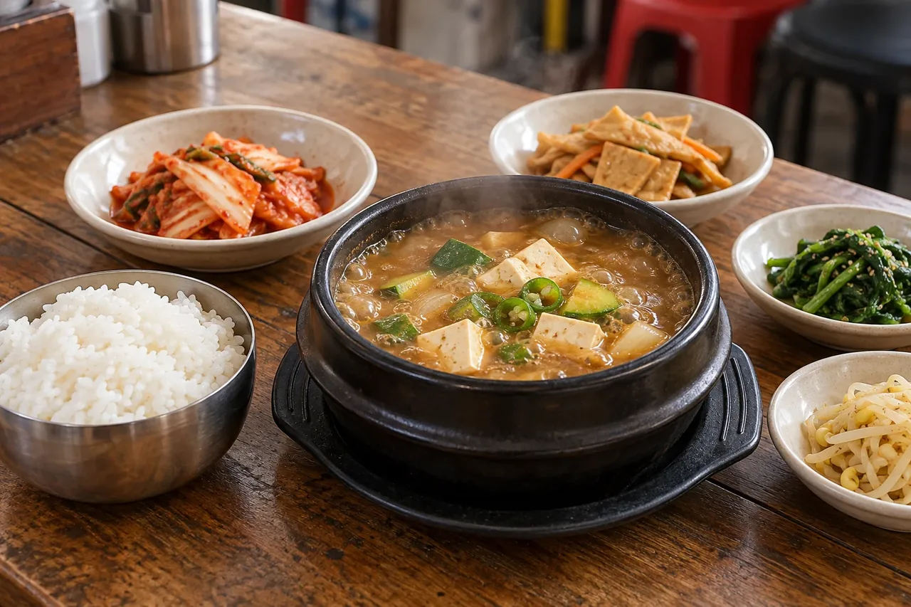 된장찌개와 밥, 생김치 반찬을 새 구도로 만든 된장찌개백반 재현 이미지