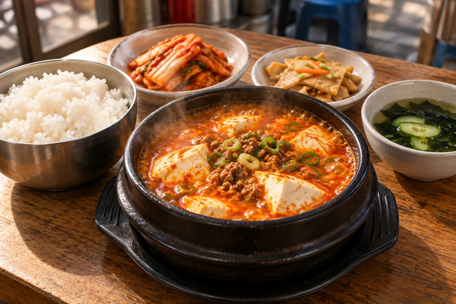 뚝배기 순두부찌개와 밥, 생김치 반찬을 새 구도로 만든 순두부백반 재현 이미지