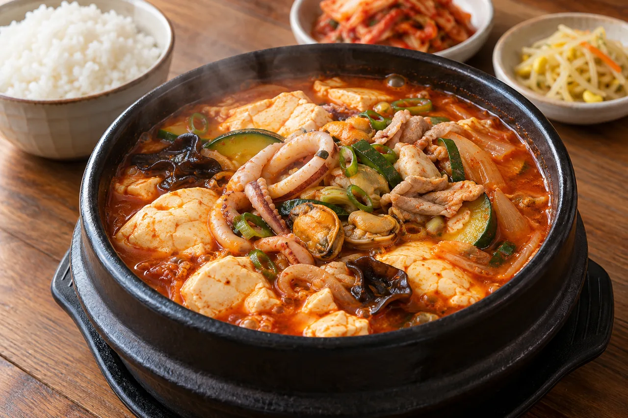 검은 뚝배기에 붉은 짬뽕 국물과 부드러운 순두부, 오징어와 조개류, 돼지고기와 채소를 담은 원조짬순 재현 이미지