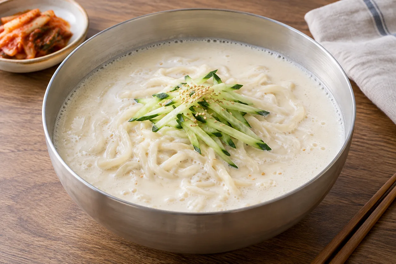 엄지손칼국수 방송 설명의 차가운 콩물과 면 구성을 참고해 새롭게 만든 냉콩국수 재현 이미지