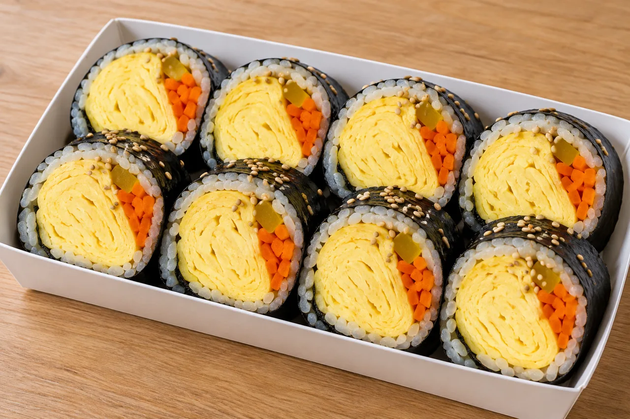 얇은 밥과 김 안에 부드러운 계란말이와 당근, 단무지를 넉넉히 넣은 계란말이김밥 재현 이미지