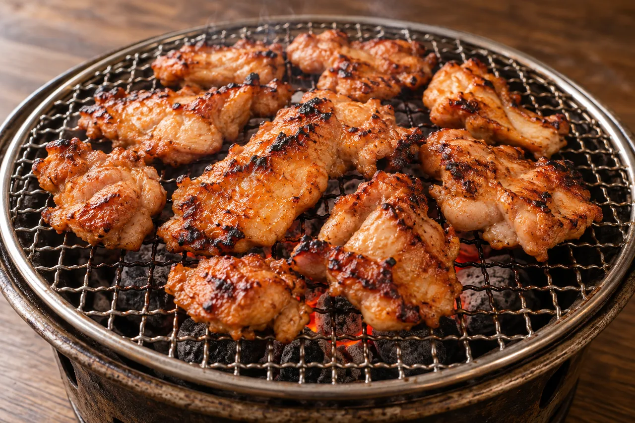 참숯 화로의 둥근 석쇠 위에서 붉은 갈색 양념의 닭갈비를 굽는 재현 이미지