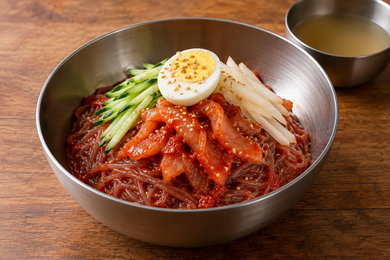 고구마 전분 면에 붉은 양념과 가오리회, 오이, 배, 달걀을 올린 회냉면 재현 이미지