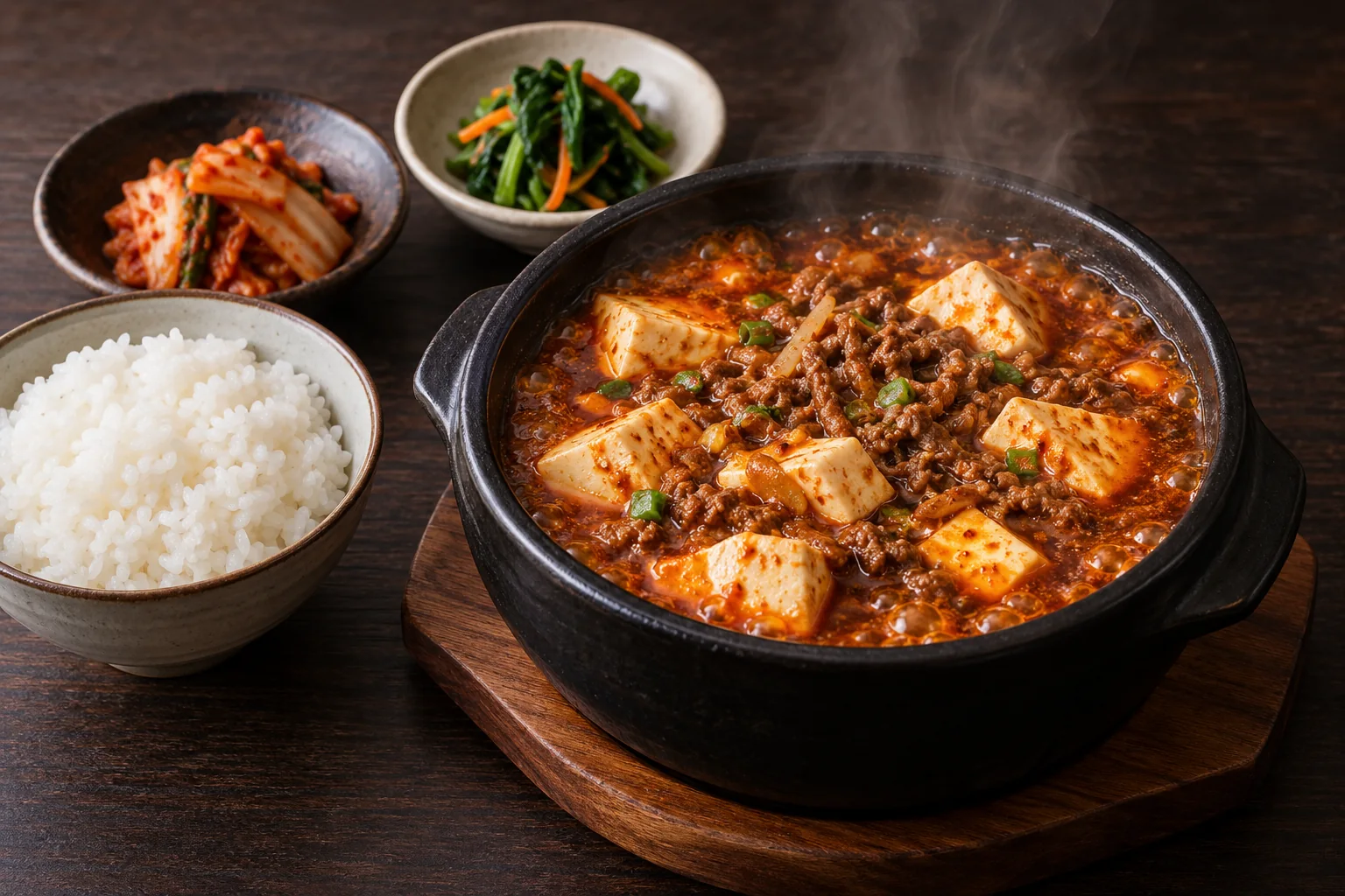 붉은 소스의 마파두부와 밥을 차린 반상을 메뉴 설명을 바탕으로 새롭게 만든 재현 이미지
