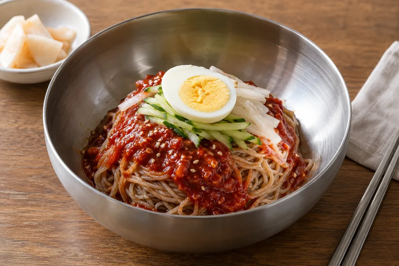 모아냉면 공개 메뉴의 메밀면과 비빔 양념 구성을 참고해 새 구도로 만든 비빔냉면 재현 이미지