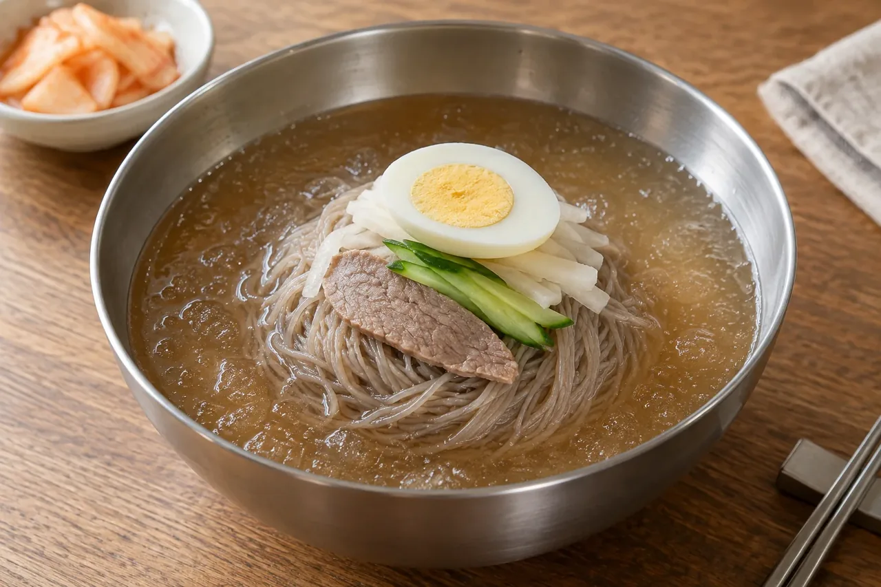 모아냉면 방송 설명의 메밀면과 소고기 육수 특징을 참고해 새 구도로 만든 물냉면 재현 이미지