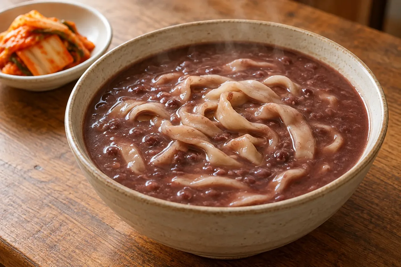 진한 팥 국물에 넓은 칼국수 면을 담은 팥칼국수 재현 이미지