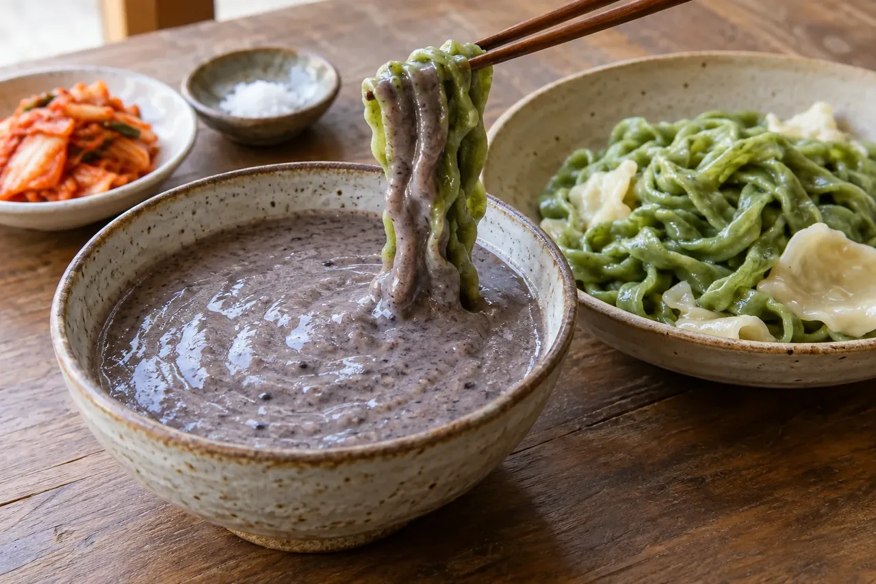 걸쭉한 서리태 콩물과 초록빛 시금치 면·수제비를 따로 담은 찍어 먹는 콩국수 재현 이미지