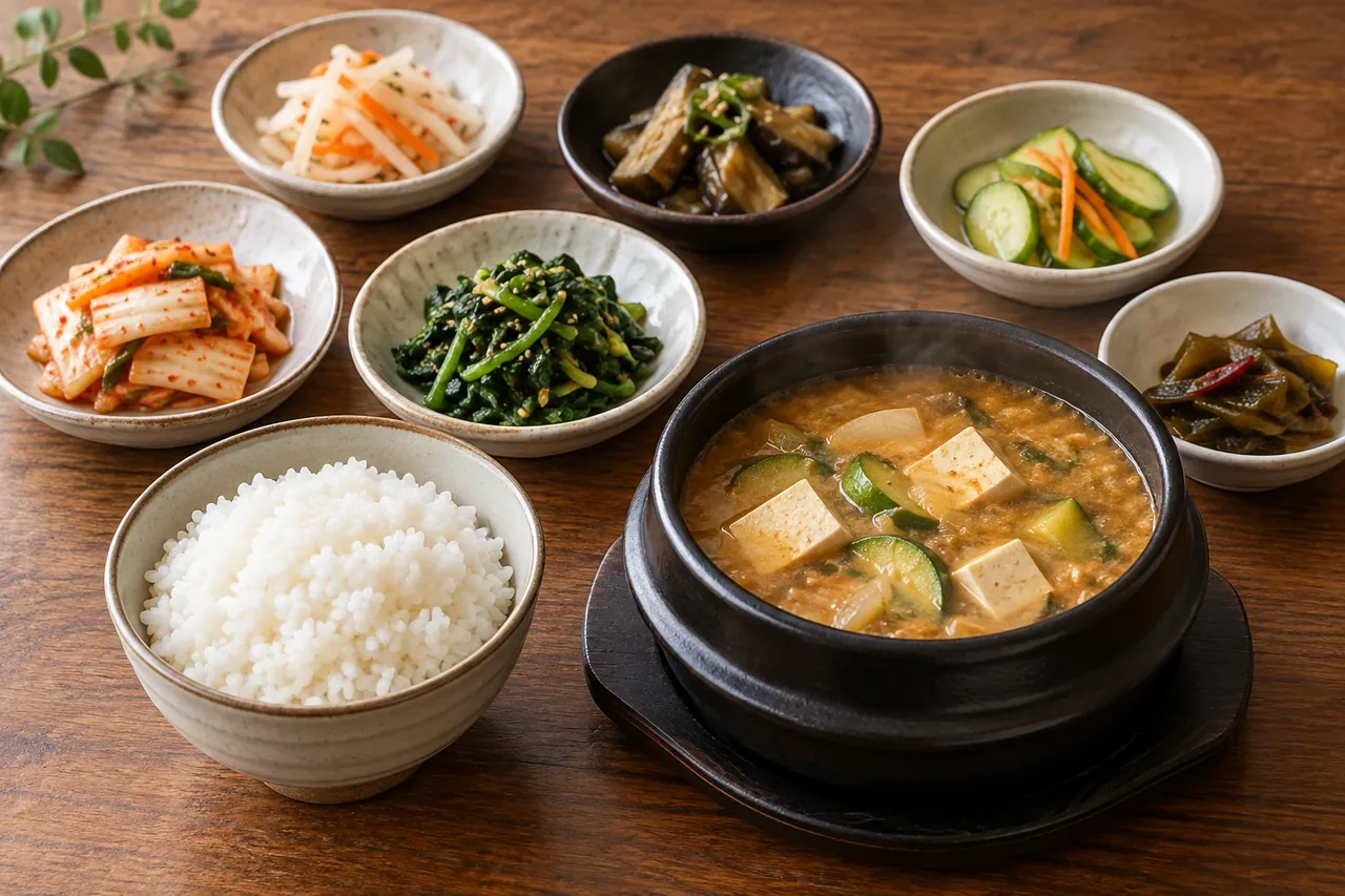 바특한 된장찌개와 밥, 김치와 나물 반찬을 차린 떡갈비 한상의 곁들임 재현 이미지