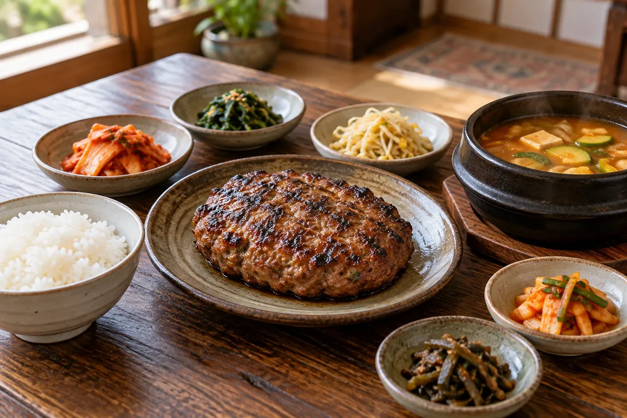 숯불에 구운 두툼한 갈비살 떡갈비와 밥, 된장찌개, 반찬을 새 구도로 구성한 한상 재현 이미지
