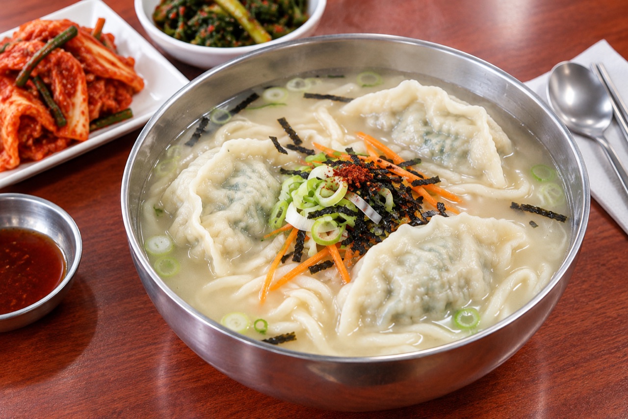 옛진미칼국수 손칼국수와 접시만두 실사진 특징을 조합해 만든 만두칼국수 AI 재현 이미지
