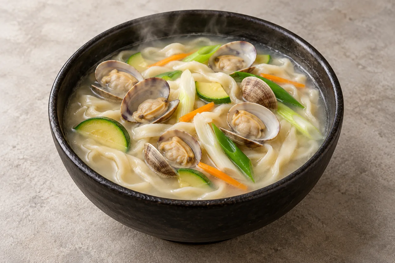 검은 도자기 그릇의 연한 국물에 바지락과 넓은 칼국수 면, 호박·대파·당근을 담은 한 그릇