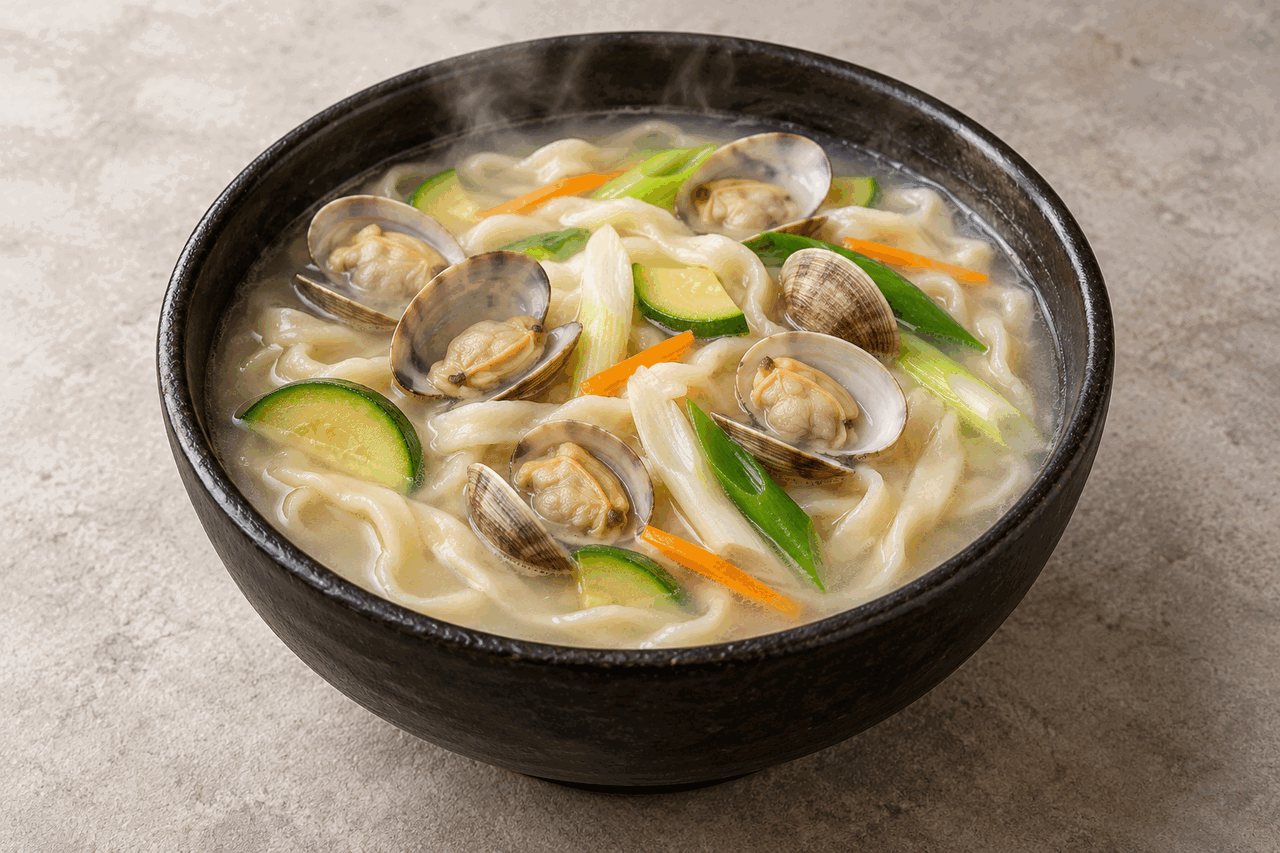 검은 도자기 그릇의 연한 국물에 바지락과 넓은 칼국수 면, 호박·대파·당근을 담은 한 그릇